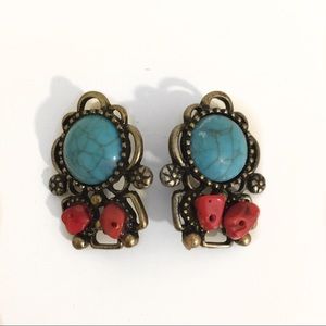 🌺 Blue Turquoise Red Stone Brass Clip On Earrings